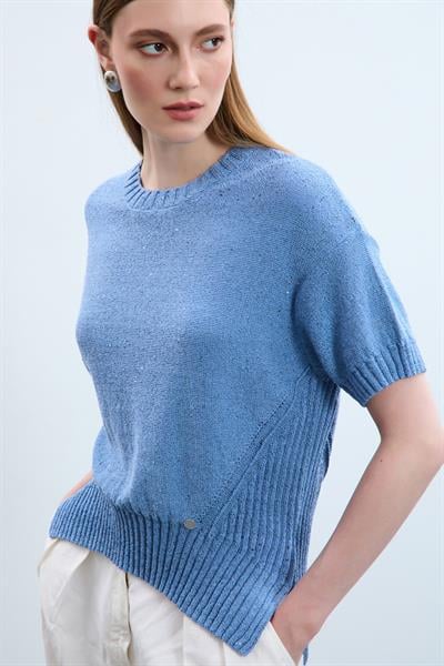 Свитер С Круглым Воротником И Пайетками С Вязаным Узором KZK10770 MAVİ