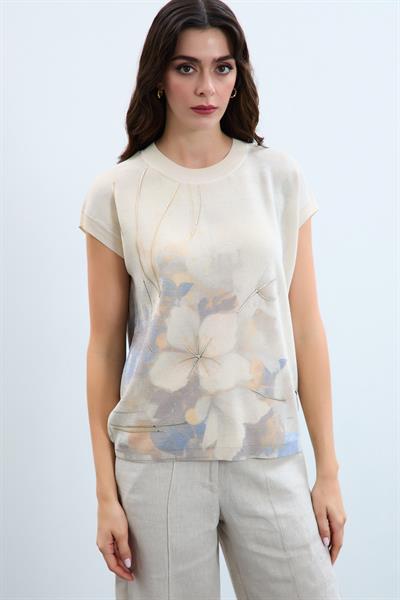 Свитер с металлизированной веревкой и цветочным принтом KZK9900BEJ