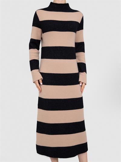 Полосатое платье с высоким воротником и металлизированной нитью ELB8128SIYAHBEJ