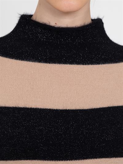 Полосатое платье с высоким воротником и металлизированной нитью ELB8128SIYAHBEJ