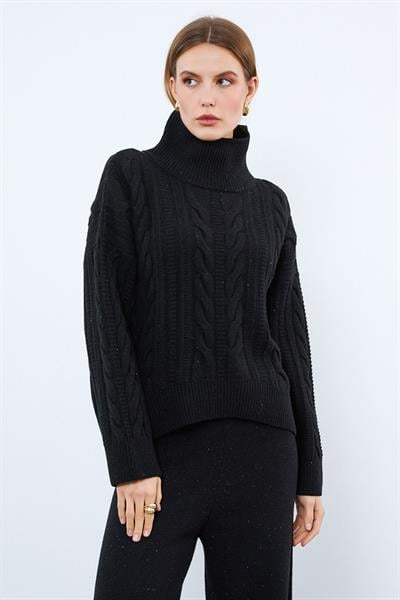 Свитер с воротником-водолазкой и узором коса из смеси кашемира. KZK9862SİYAH