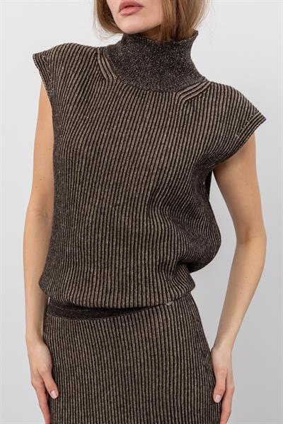 Жилет мулине с высоким воротником из смеси кашемира и шерсти SVT9756KAHVE BEJ