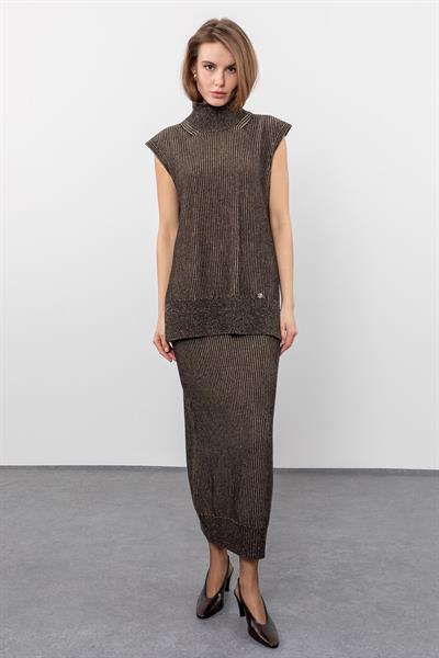 Жилет мулине с высоким воротником из смеси кашемира и шерсти SVT9756KAHVE BEJ