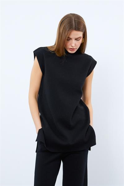 Туника из смеси кашемира и шерсти с высоким воротником и разрезами TNK10012SIYAH