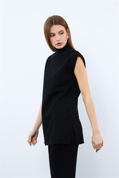 Туника из смеси кашемира и шерсти с высоким воротником и разрезами TNK10012SIYAH