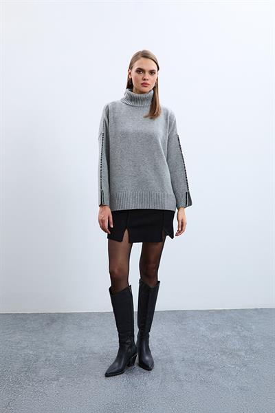 Свитер с воротником-гольф и деталями на рукавах из смеси кашемира и шерсти KZK10372GRİ