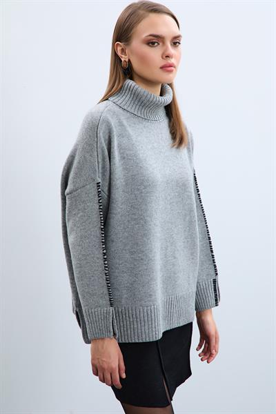 Свитер с воротником-гольф и деталями на рукавах из смеси кашемира и шерсти KZK10372GRİ