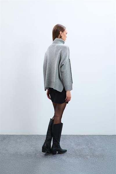 Свитер с воротником-гольф и деталями на рукавах из смеси кашемира и шерсти KZK10372GRİ