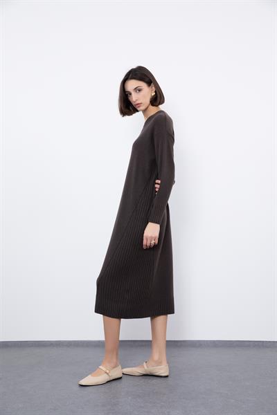 Платье миди с вязанными деталями из смеси кашемира и шерсти ELB10102VİZON