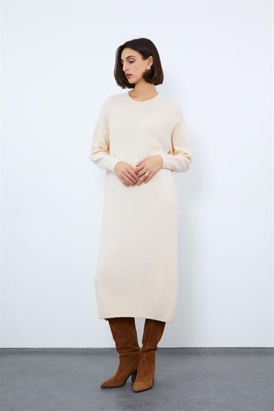 Платье миди с вязанными деталями из смеси кашемира и шерсти ELB10102KEMİK