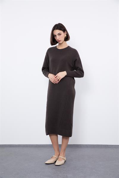 Платье миди с вязанными деталями из смеси кашемира и шерсти ELB10102VİZON