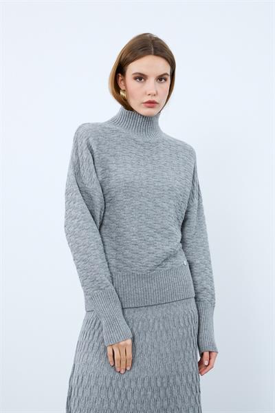 Текстурированный свитер с высоким воротником из смеси кашемира и шерсти KZK9954GRİ