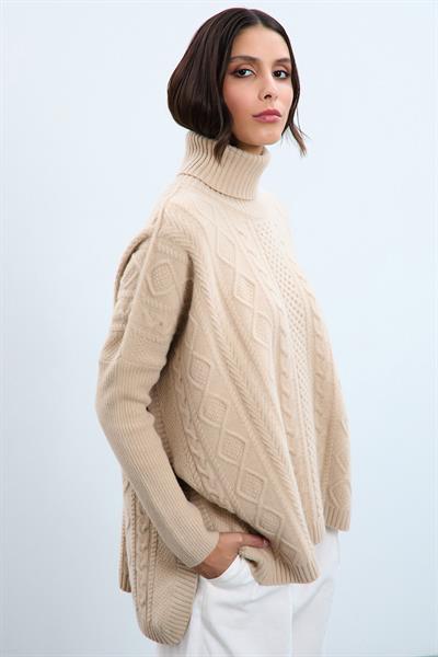 Свитер с высоким воротником, связанный косичками, из смеси кашемира и шерсти KZK10660BEJ