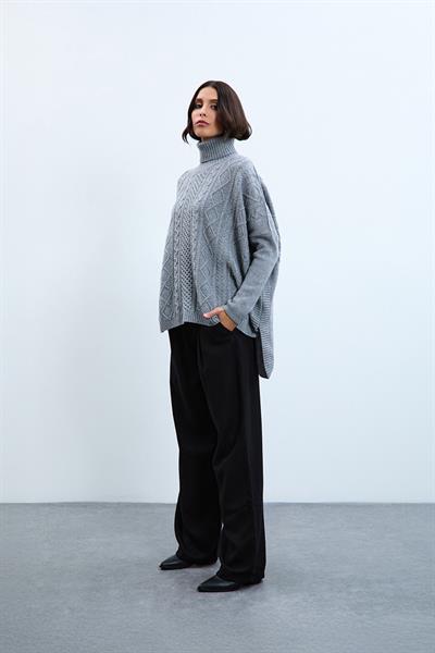 Свитер с высоким воротником, связанный косичками, из смеси кашемира и шерсти KZK10660GRİ