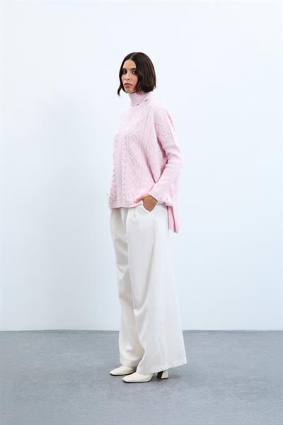 Свитер с высоким воротником, связанный косичками, из смеси кашемира и шерсти KZK10660PUDRA