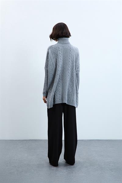 Свитер с высоким воротником, связанный косичками, из смеси кашемира и шерсти KZK10660GRİ