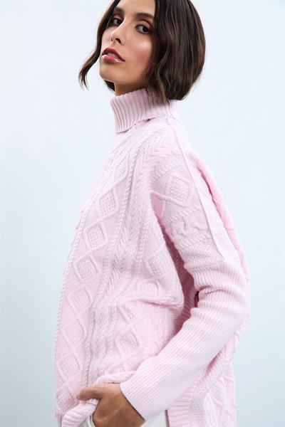 Свитер с высоким воротником, связанный косичками, из смеси кашемира и шерсти KZK10660PUDRA