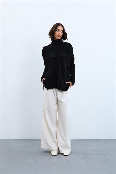 Свитер с высоким воротником, связанный косичками, из смеси кашемира и шерсти KZK10660SİYAH