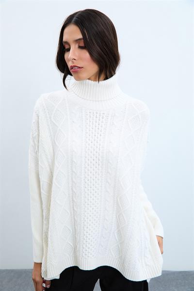 Свитер с высоким воротником, связанный косичками, из смеси кашемира и шерсти KZK10660KEMİK