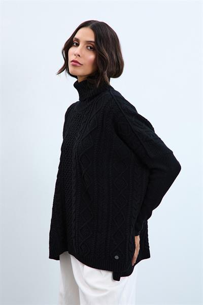 Свитер с высоким воротником, связанный косичками, из смеси кашемира и шерсти KZK10660SİYAH