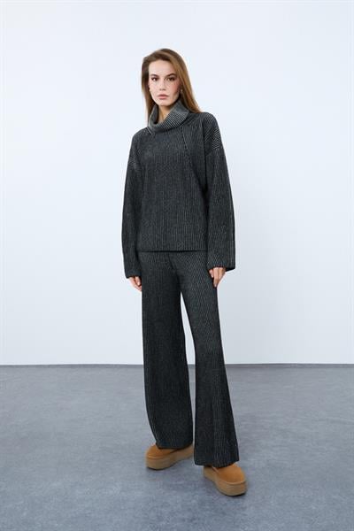 Широкие брюки из смеси кашемира и шерсти с высокой талией PNT9770SIYAH GRİ