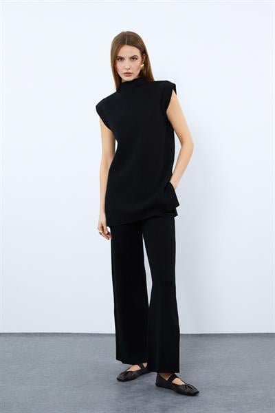 Широкие брюки из смеси кашемира и шерсти с высокой талией и разрезами PNT10046SIYAH