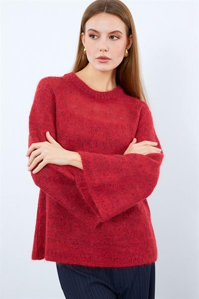 Свитер с металлическими шнурами и деталью на спине, круглый вырез KZK9456KIRMIZI