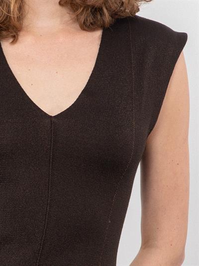 Платье с треугольным вырезом и завязками цвета металлик, с полосатой строчкой ELB9480KAHVE