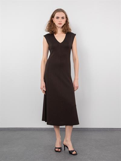 Платье с треугольным вырезом и завязками цвета металлик, с полосатой строчкой ELB9480KAHVE