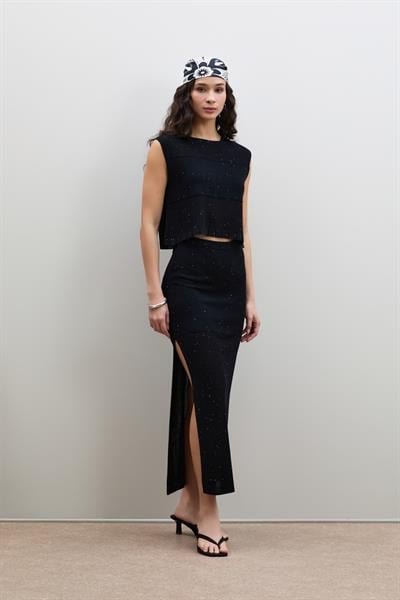 Юбка с разрезом и полосатыми деталями из мини-пайеток ETK12410SİYAH
