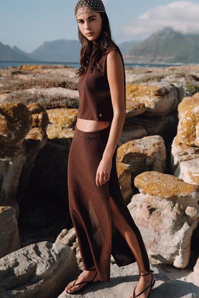 Юбка с разрезом и полосатыми деталями из мини-пайеток ETK12410KAHVE