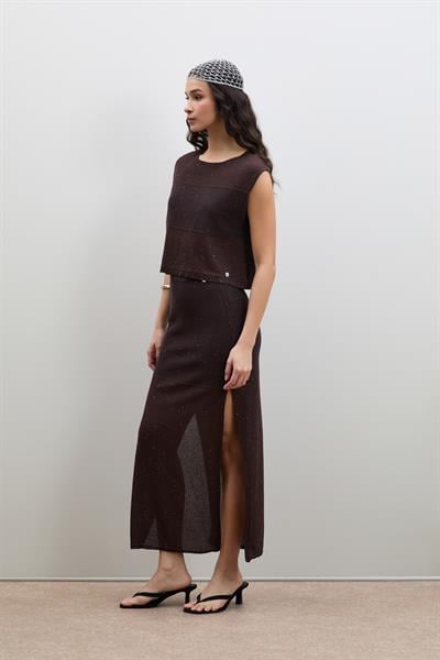 Юбка с разрезом и полосатыми деталями из мини-пайеток ETK12410KAHVE