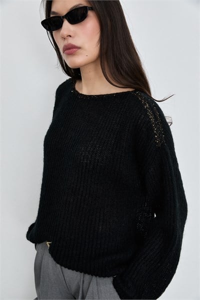 Mohair ve Yün Karışımlı Payet Detaylı Bisiklet Yaka Kazak