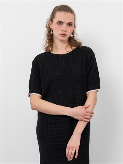 Платье-стринги с фактурной текстурой и металлизированной отделкой из смеси органического хлопка с деталями контрастного цвета ELB9308SIYAH