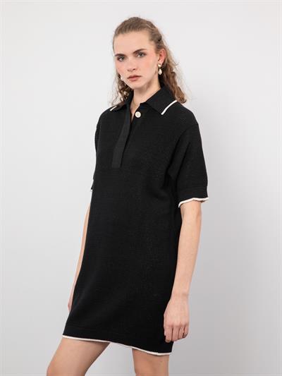 Текстурированное платье из смеси органического хлопка с воротником-поло, металлизированным шнурком и контрастными цветными деталями ELB9310SIYAH