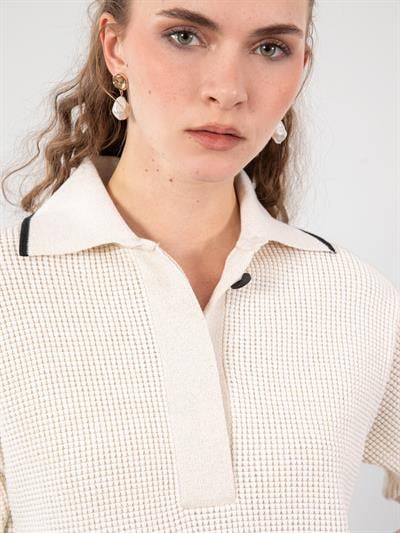 Текстурированное платье из смеси органического хлопка с воротником-поло, металлизированным шнурком и контрастными цветными деталями ELB9310KEMIK