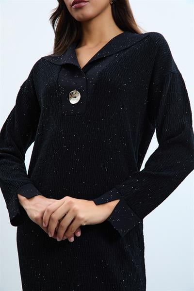 Платье миди из органического хлопка с пайетками и пуговицами ELB10716SİYAH