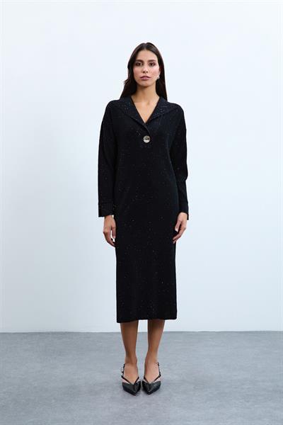 Платье миди из органического хлопка с пайетками и пуговицами ELB10716SİYAH