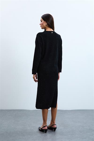 Платье миди из органического хлопка с пайетками и пуговицами ELB10716SİYAH