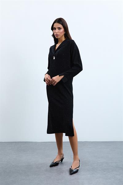 Платье миди из органического хлопка с пайетками и пуговицами ELB10716SİYAH