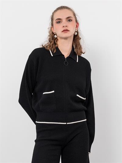 Кардиган из органической смеси хлопка с металлизированной застежкой и карманом контрастного цвета HRK9500SIYAH