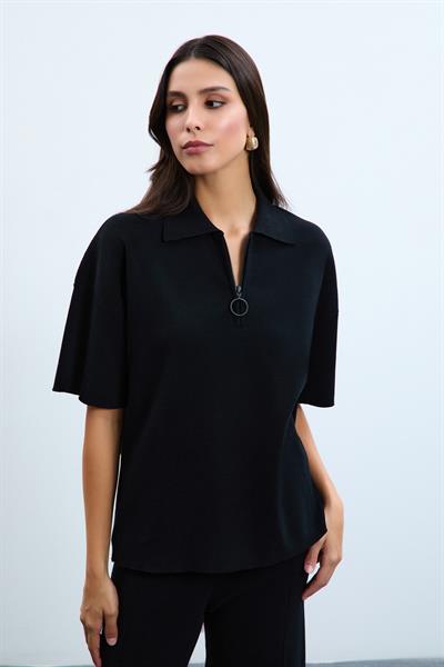Свитер С Поло Воротником Из Смеси Органического Хлопка KZK10814 SİYAH