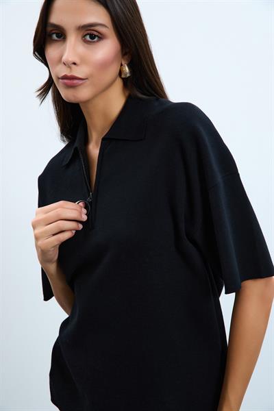 Свитер С Поло Воротником Из Смеси Органического Хлопка KZK10814 SİYAH