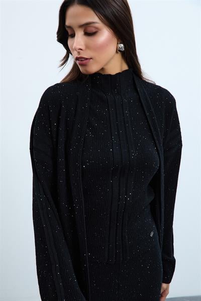 Длинный кардиган из смеси органического хлопка с пайетками HRK10712SİYAH