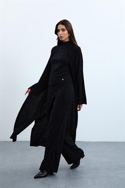 Длинный кардиган из смеси органического хлопка с пайетками HRK10712SİYAH