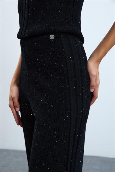 Широкие брюки из органического хлопка с высокой талией и пайетками PNT10712SİYAH