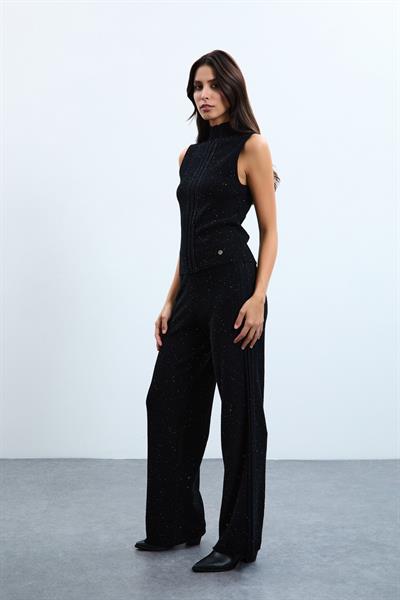 Широкие брюки из органического хлопка с высокой талией и пайетками PNT10712SİYAH