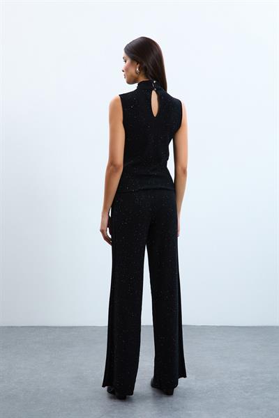 Широкие брюки из органического хлопка с высокой талией и пайетками PNT10712SİYAH