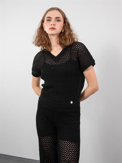 Ажурный свитер из смеси органического хлопка с V-образным вырезом KZK8050SIYAH
