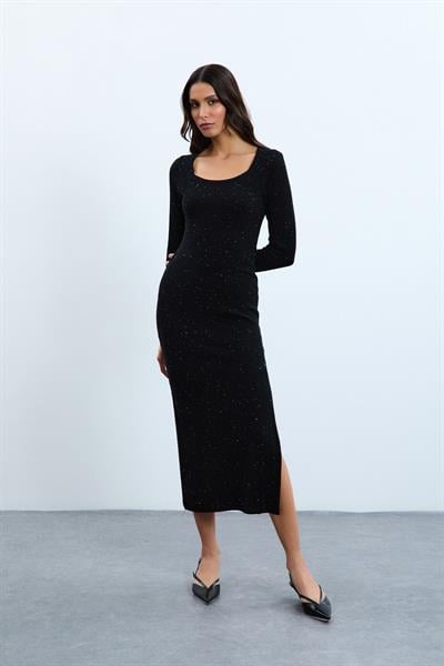 Платье с пайетками из органического хлопка и разрезами ELB10578SİYAH